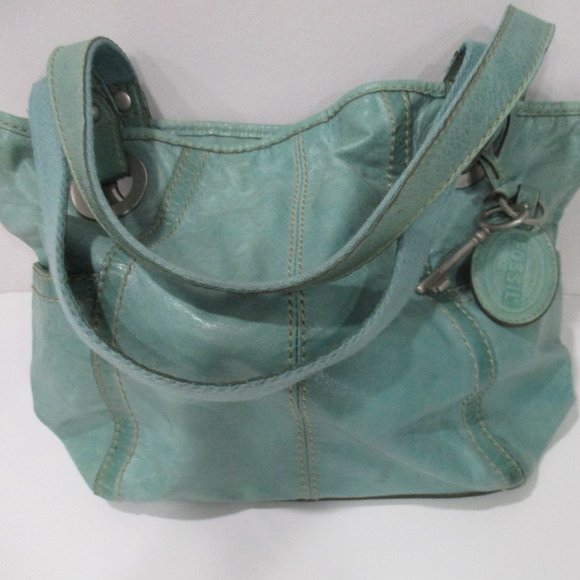 **FOSSIL Mint Green Distressed Leather Satchel - Picture 1 of 9